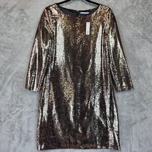 Tahari Ezra Dress Womens US 6 Gold Multi Sequin Sheath 3/4 Sleeve Party Holiday